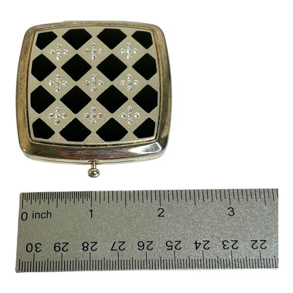 Black White Checkered Rhinestone Accents Two Sided Compact Mirror Pocket Mirror - Picture 4 of 5
